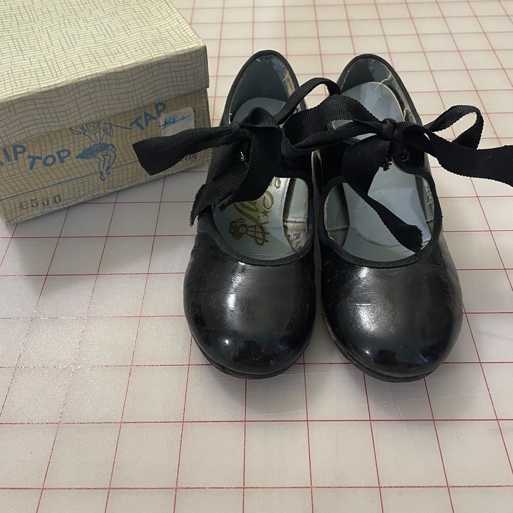 Vintage 1960's Girl's Black Patent Tap Shoes in Original Box